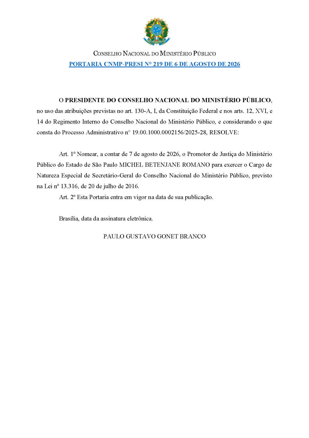 PORTARIA CNMP-PRESI Nº 219, DE 6 DE AGOSTO DE 2026
